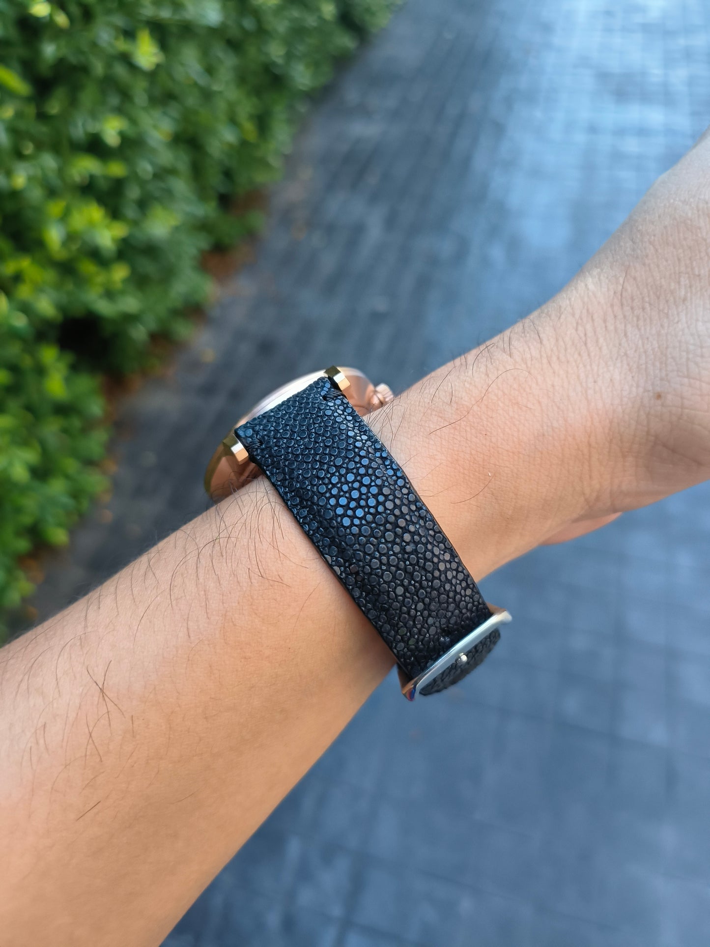 Genuine Polished Stingray Skin Leather Quick Release Watch Strap Black Band with Buckle