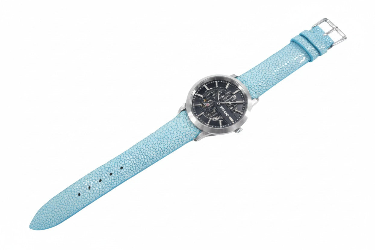 Genuine Polished Stingray Skin Leather Quick Release Watch Strap Blue Band with Buckle