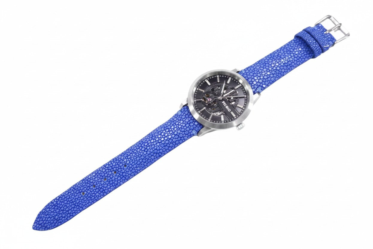 Genuine Polished Stingray Skin Leather Quick Release Watch Strap Blue Band with Buckle
