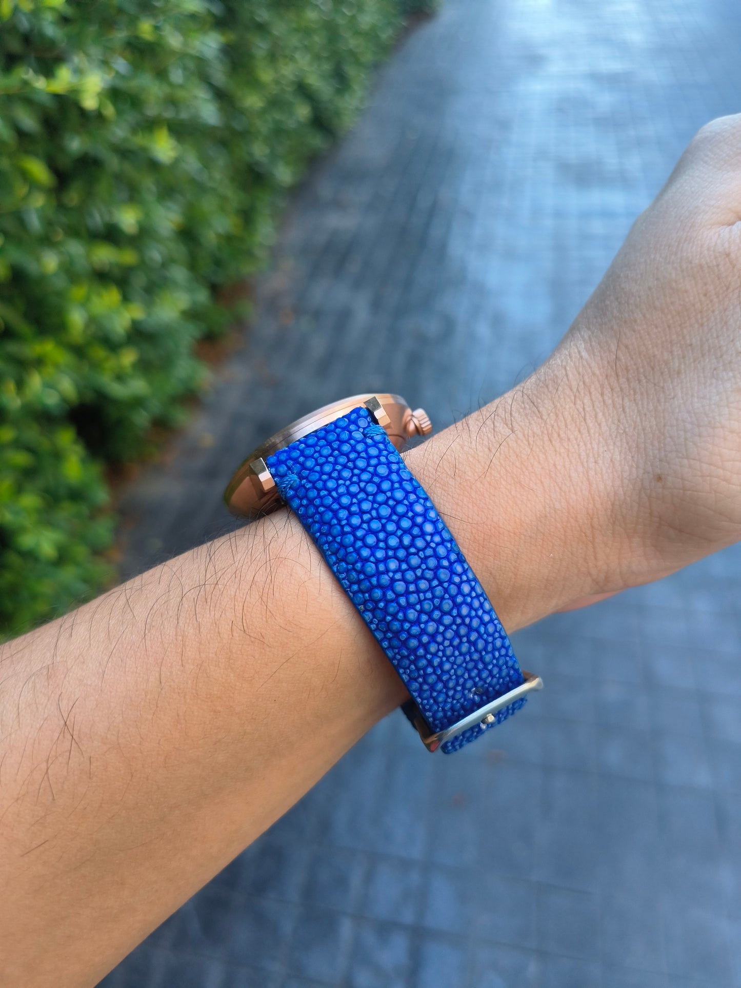 Genuine Polished Stingray Skin Leather Quick Release Watch Strap Blue Band with Buckle