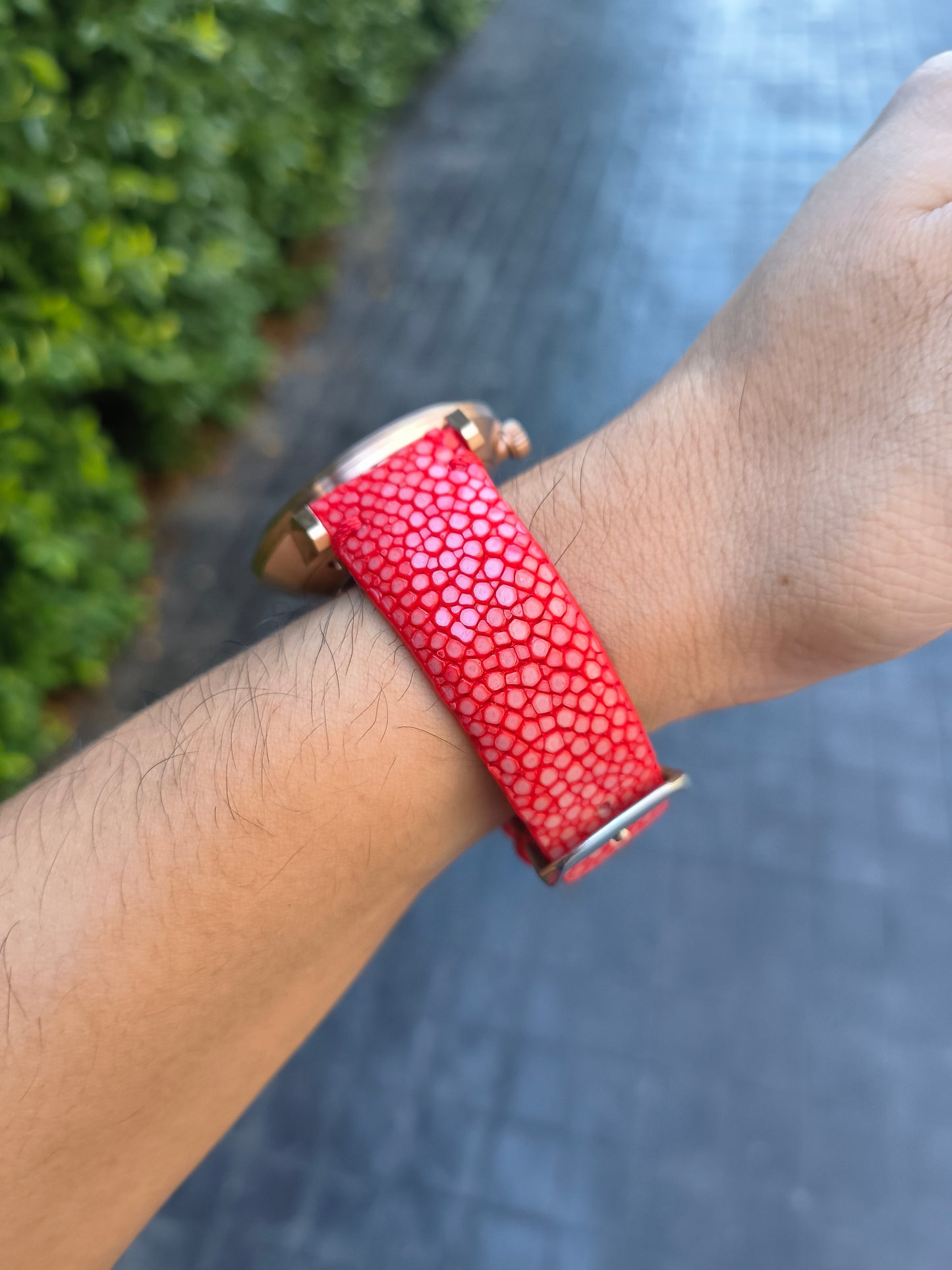 Genuine Polished Stingray Skin Leather Quick Release Watch Strap Red Band with Buckle