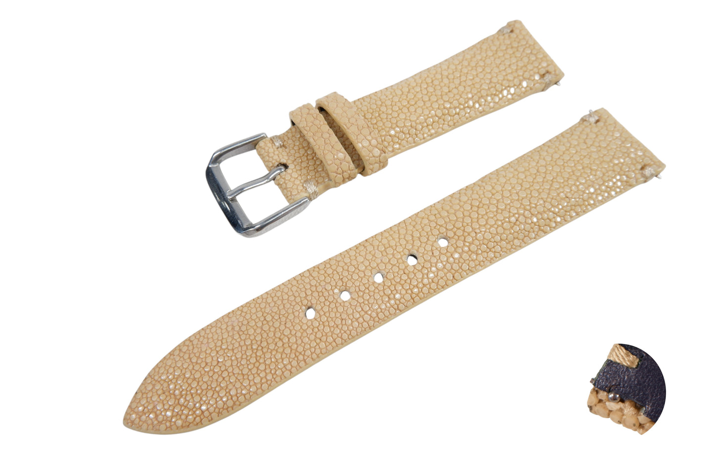 Genuine Polished Stingray Skin Leather Quick Release Watch Strap Beige Band with Buckle