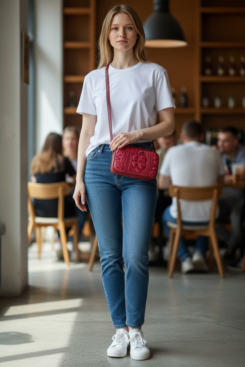 Genuine Crocodile Hornback Skin Leather Double Zip Crossbody Bag