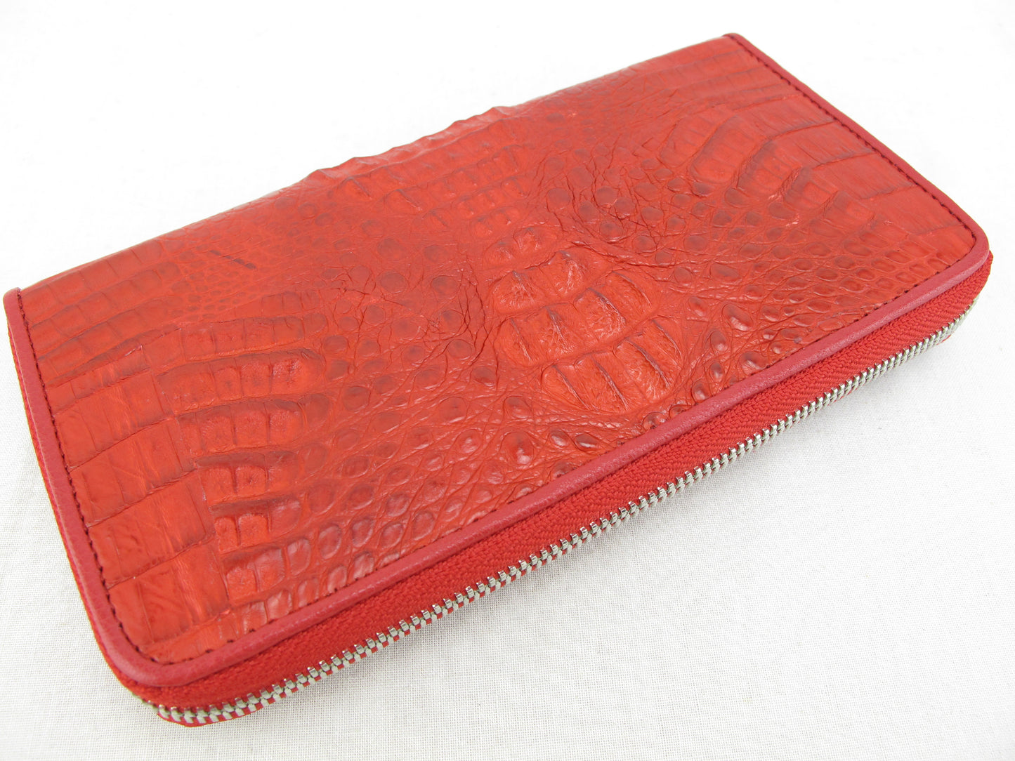 Genuine Caiman Crocodile Hornback Skin Leather Zip Around Clutch Wallet Purse