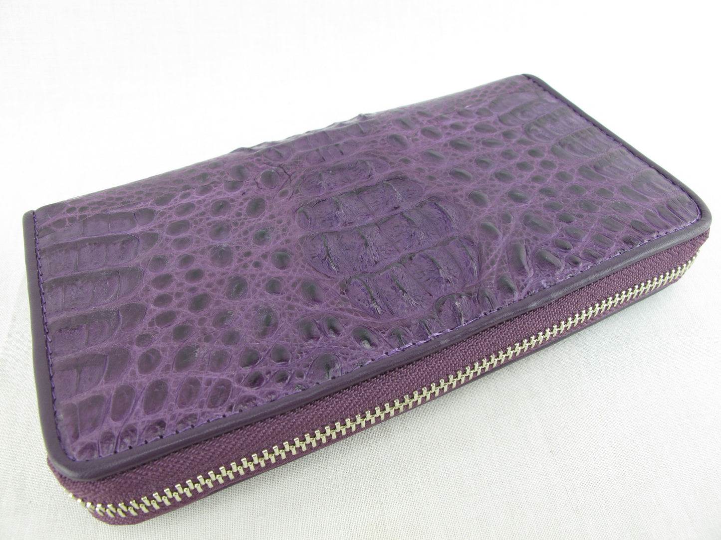Genuine Caiman Crocodile Hornback Skin Leather Zip Around Clutch Wallet Purse