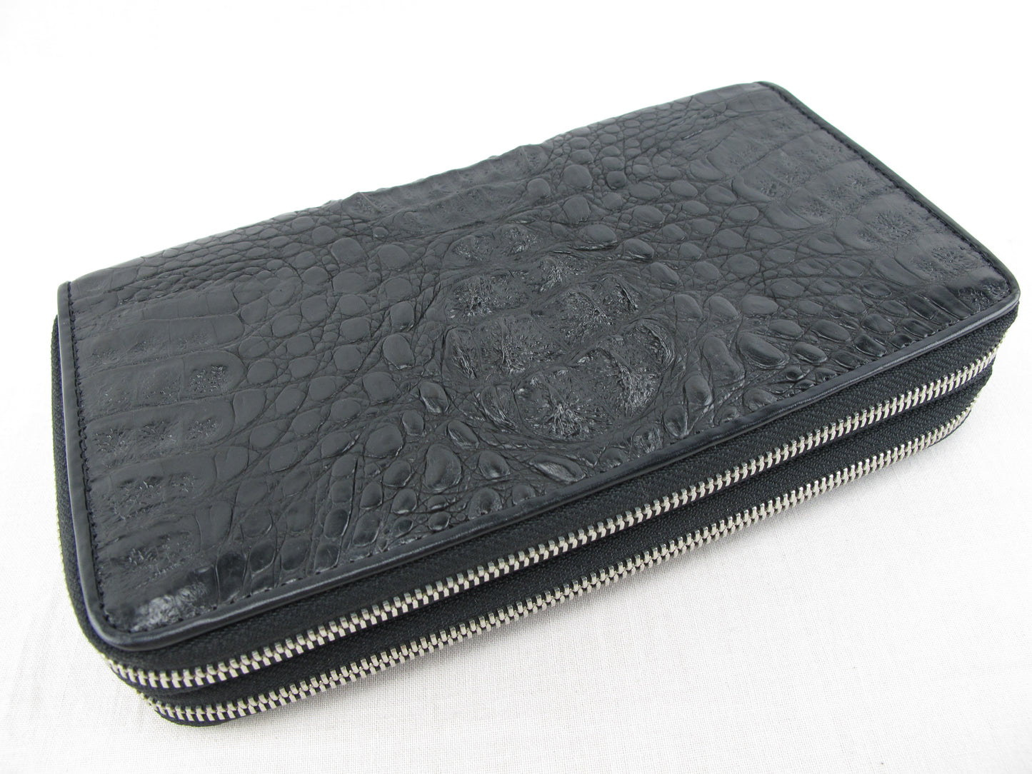 Genuine Caiman Crocodile Hornback Skin Leather Double Zip Around Wrislet Wallet Purse