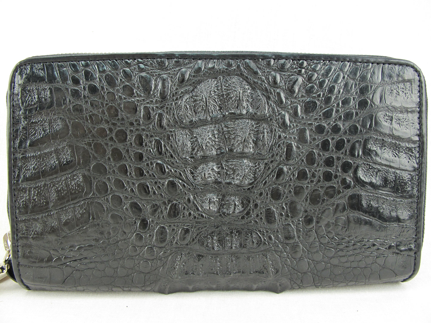 Genuine Caiman Crocodile Hornback Skin Leather Double Zip Around Wrislet Wallet Purse