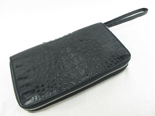 Genuine Caiman Crocodile Hornback Skin Leather Double Zip Around Wrislet Wallet Purse