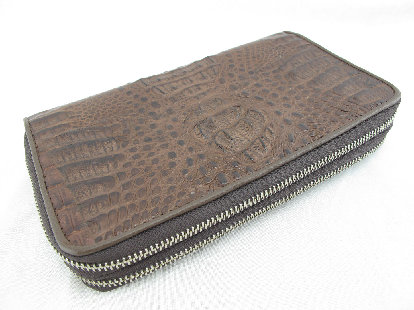 Genuine Caiman Crocodile Hornback Skin Leather Double Zip Around Wrislet Wallet Purse