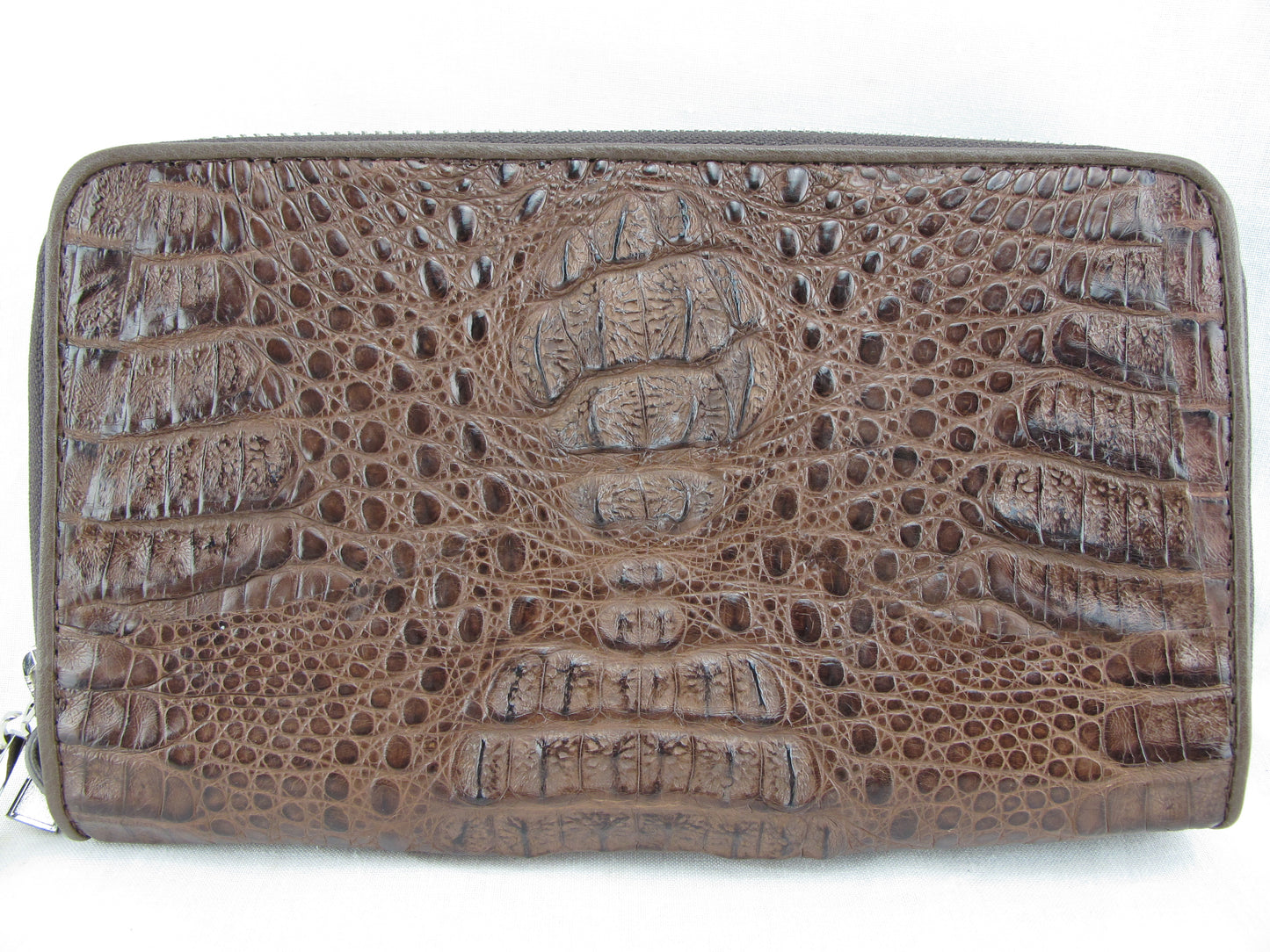 Genuine Caiman Crocodile Hornback Skin Leather Double Zip Around Wrislet Wallet Purse