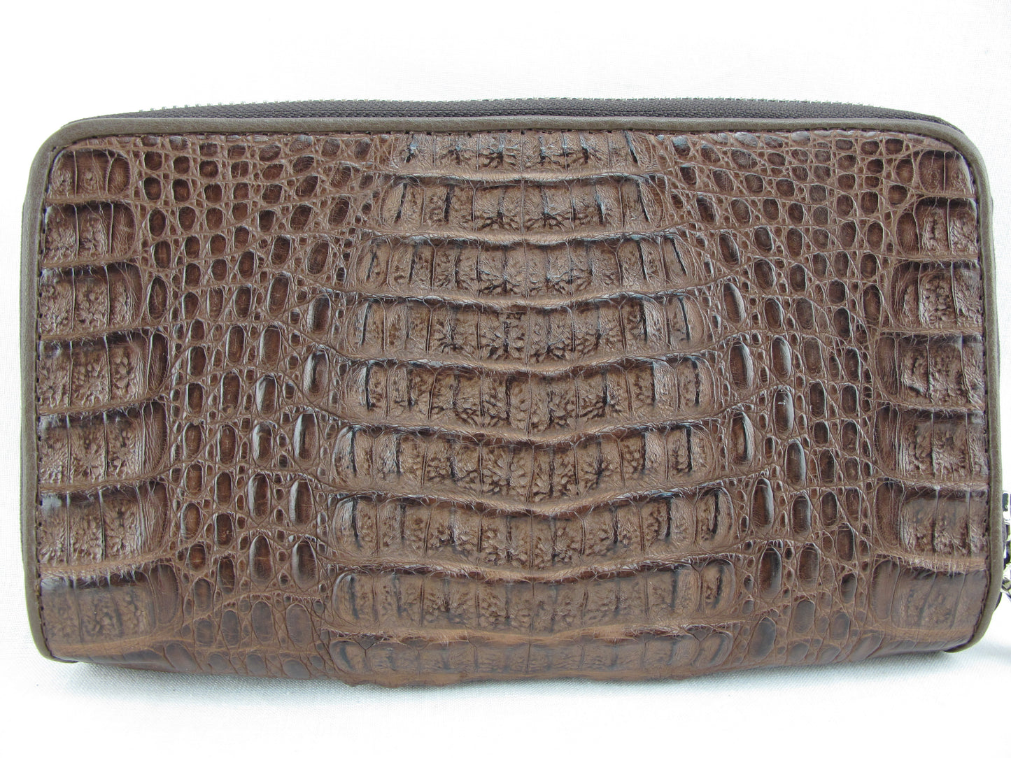 Genuine Caiman Crocodile Hornback Skin Leather Double Zip Around Wrislet Wallet Purse