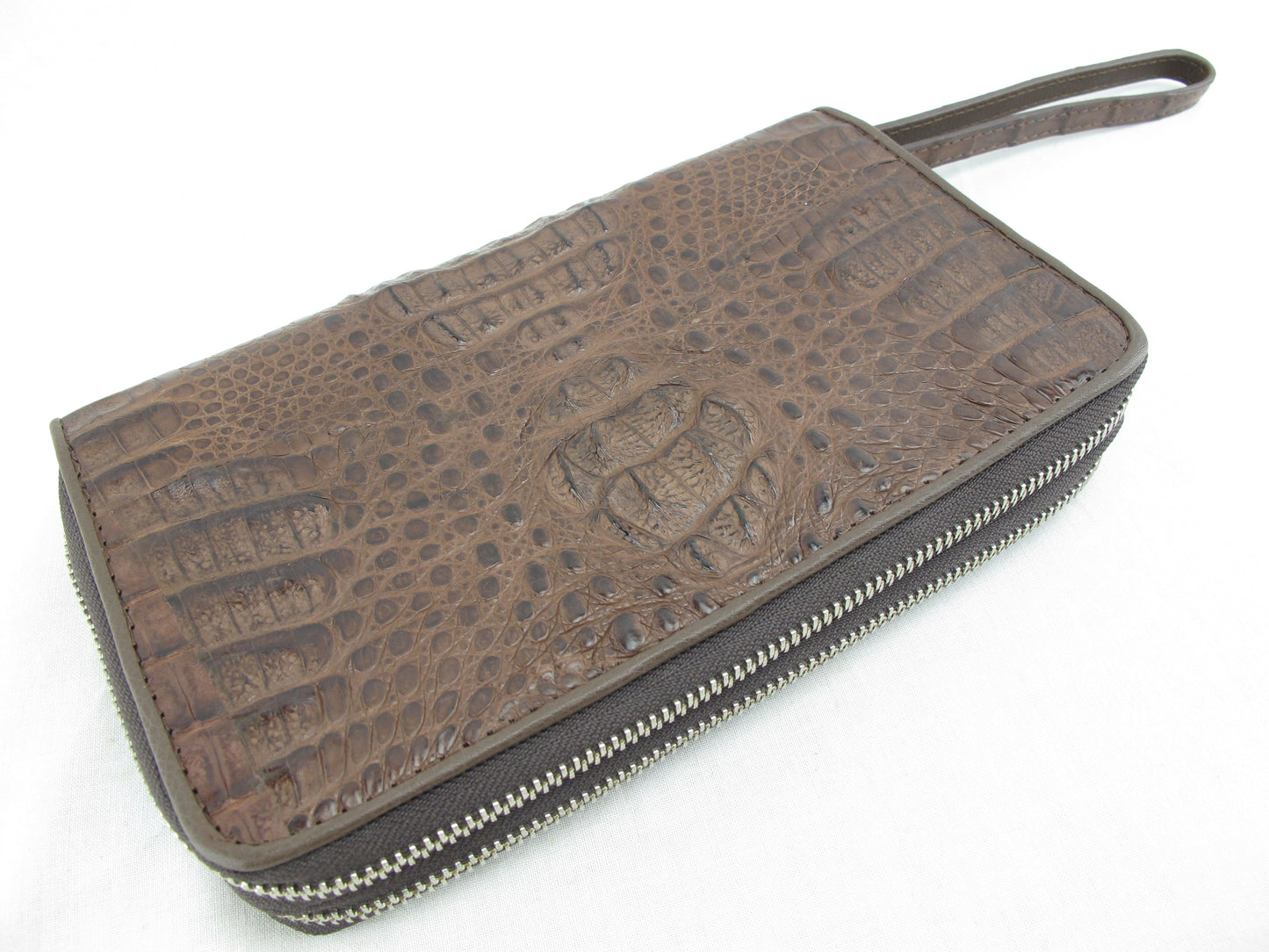 Genuine Caiman Crocodile Hornback Skin Leather Double Zip Around Wrislet Wallet Purse