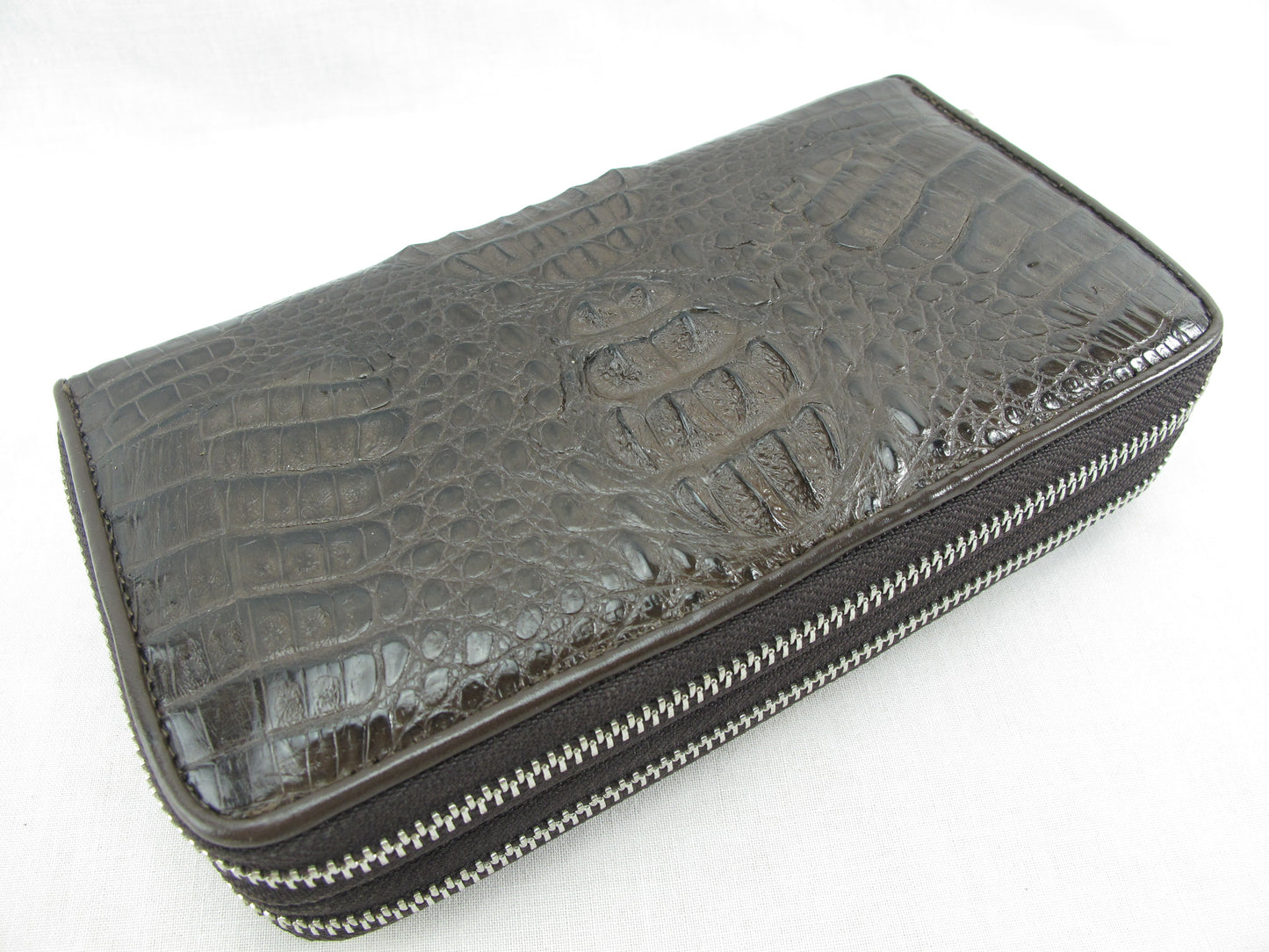 Genuine Caiman Crocodile Hornback Skin Leather Double Zip Around Wrislet Wallet Purse
