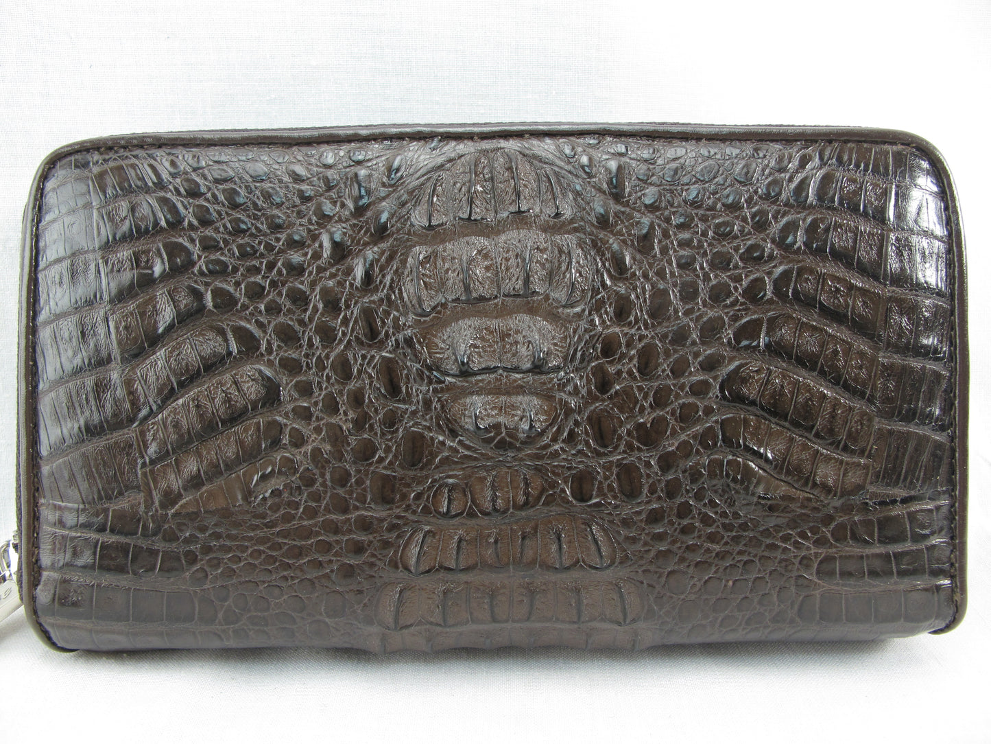 Genuine Caiman Crocodile Hornback Skin Leather Double Zip Around Wrislet Wallet Purse