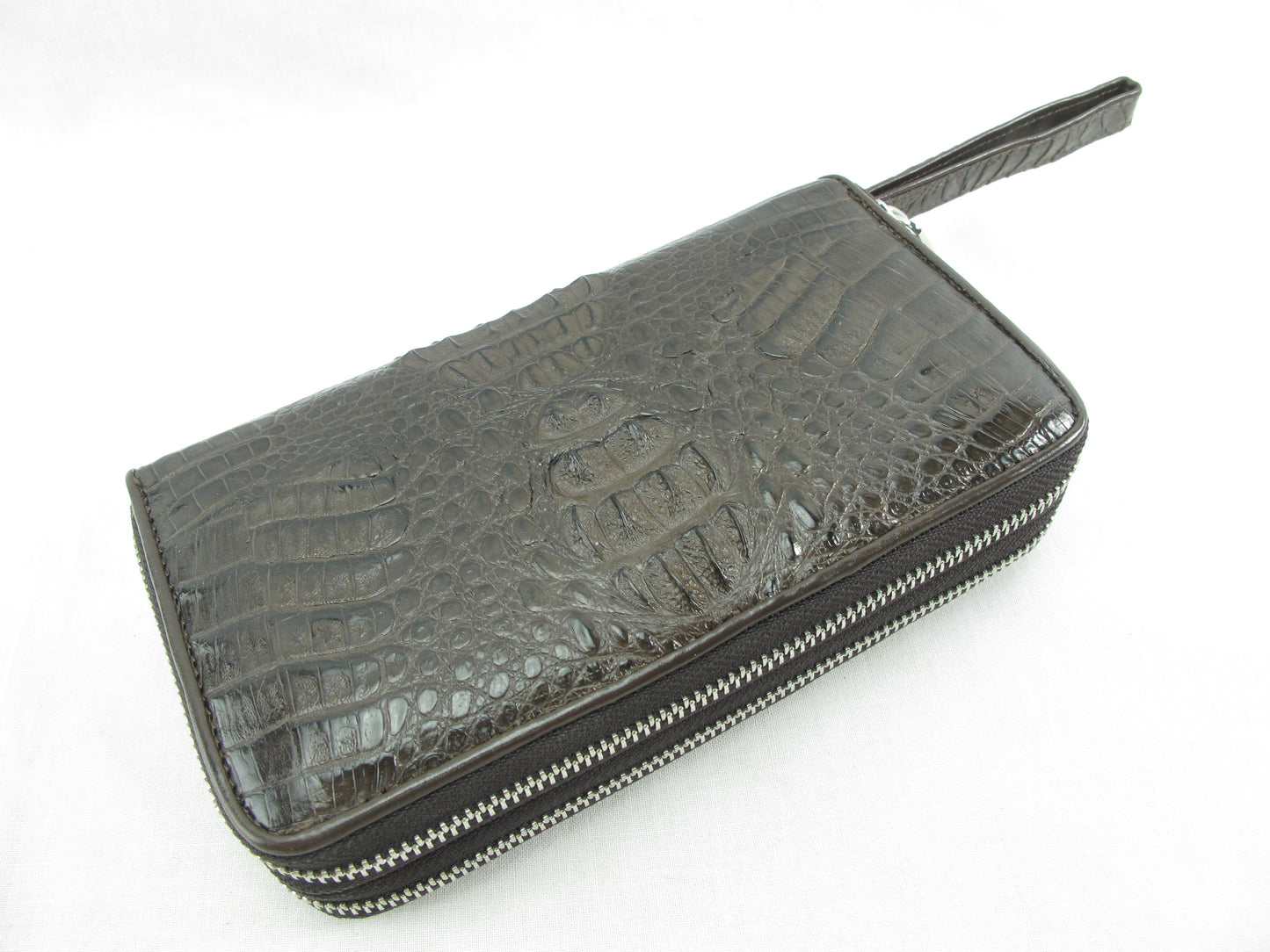 Genuine Caiman Crocodile Hornback Skin Leather Double Zip Around Wrislet Wallet Purse