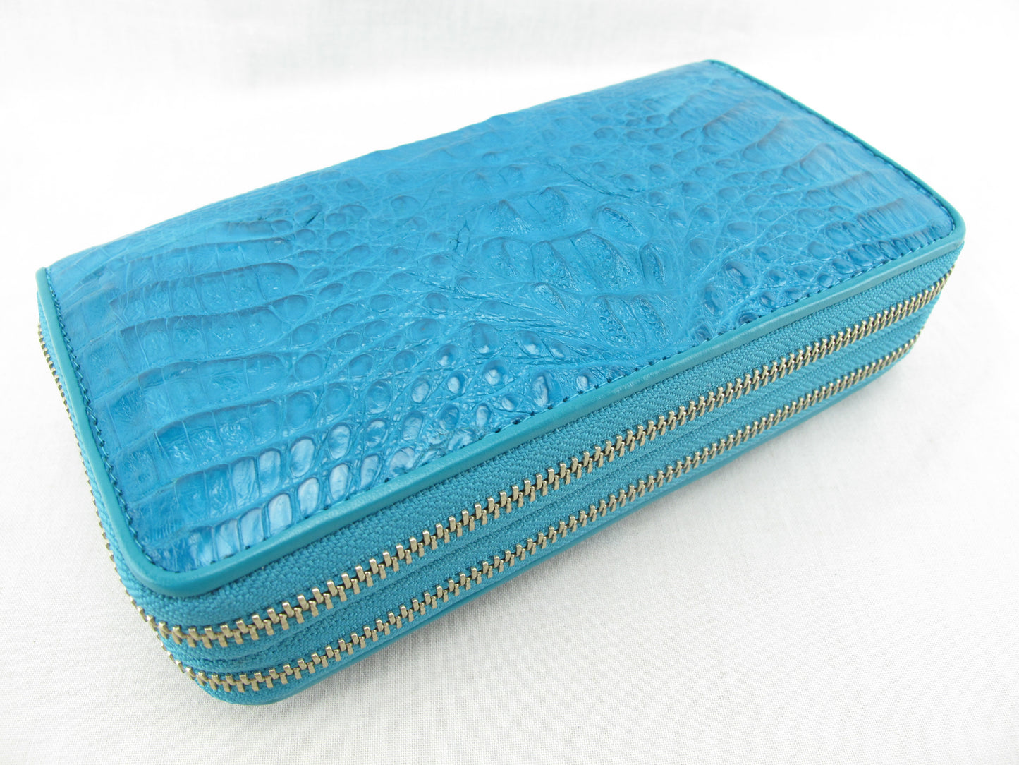 Genuine Caiman Crocodile Hornback Skin Leather Double Zip Around Wrislet Wallet Purse