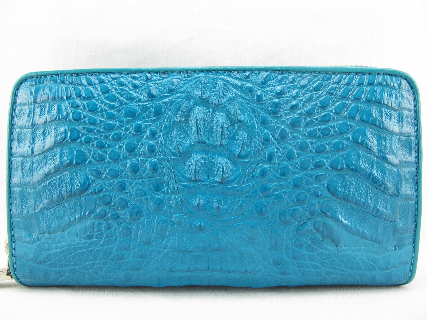 Genuine Caiman Crocodile Hornback Skin Leather Double Zip Around Wrislet Wallet Purse