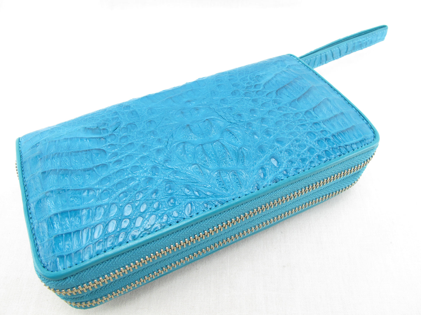 Genuine Caiman Crocodile Hornback Skin Leather Double Zip Around Wrislet Wallet Purse