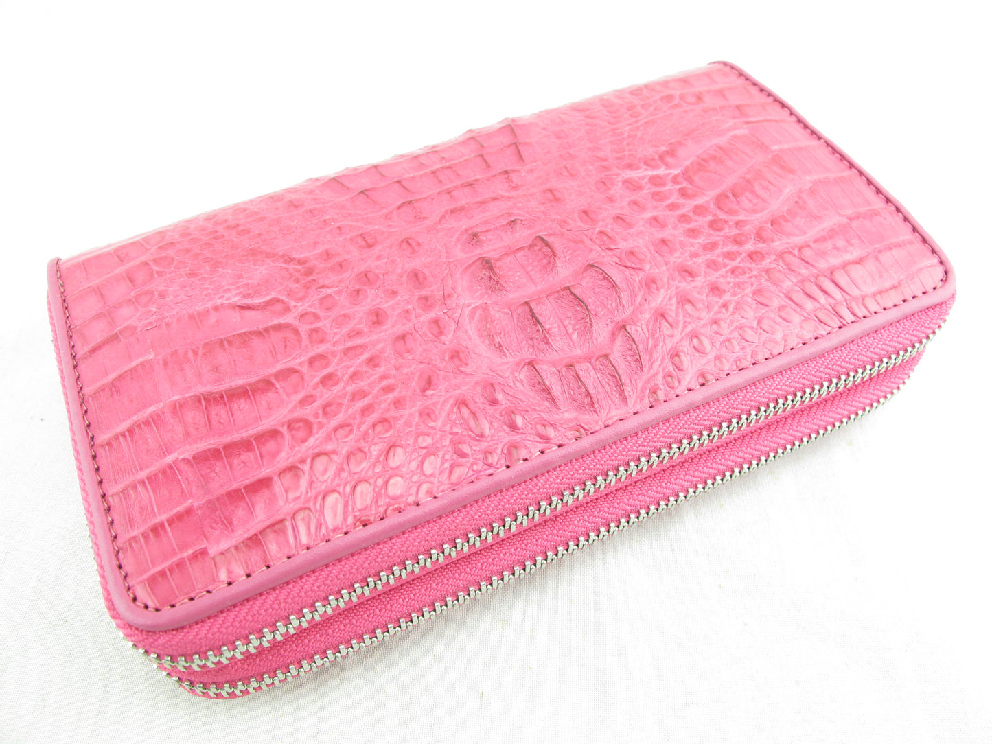 Genuine Caiman Crocodile Hornback Skin Leather Double Zip Around Wrislet Wallet Purse