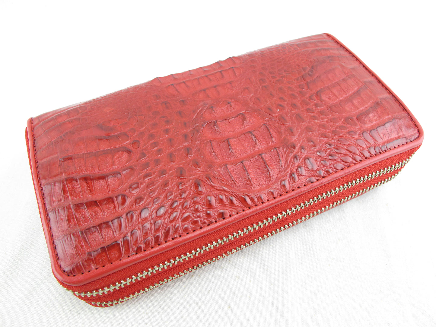 Genuine Caiman Crocodile Hornback Skin Leather Double Zip Around Wrislet Wallet Purse