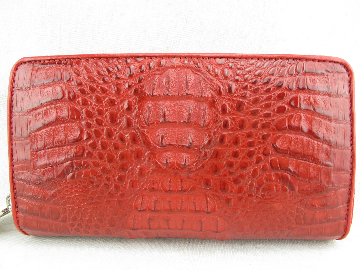 Genuine Caiman Crocodile Hornback Skin Leather Double Zip Around Wrislet Wallet Purse
