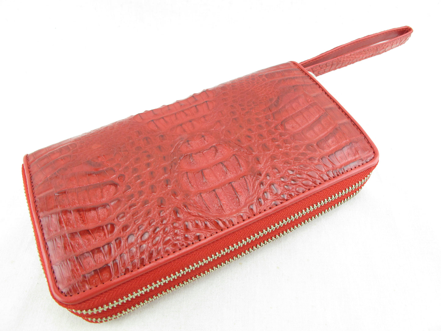 Genuine Caiman Crocodile Hornback Skin Leather Double Zip Around Wrislet Wallet Purse