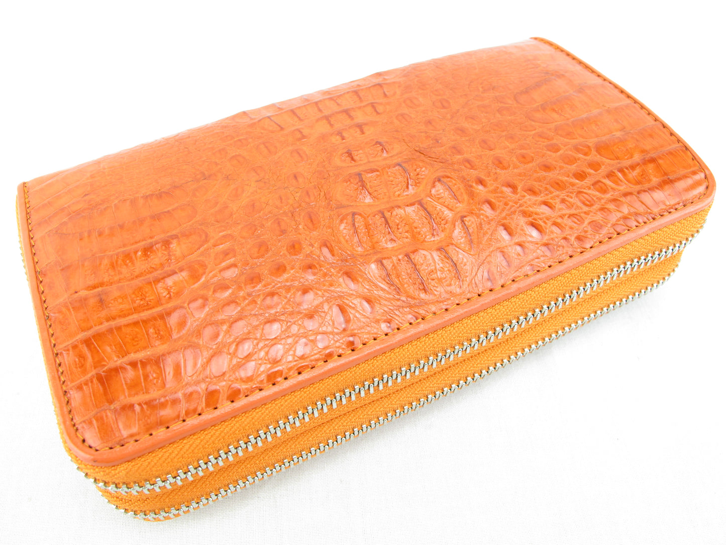 Genuine Caiman Crocodile Hornback Skin Leather Double Zip Around Wrislet Wallet Purse