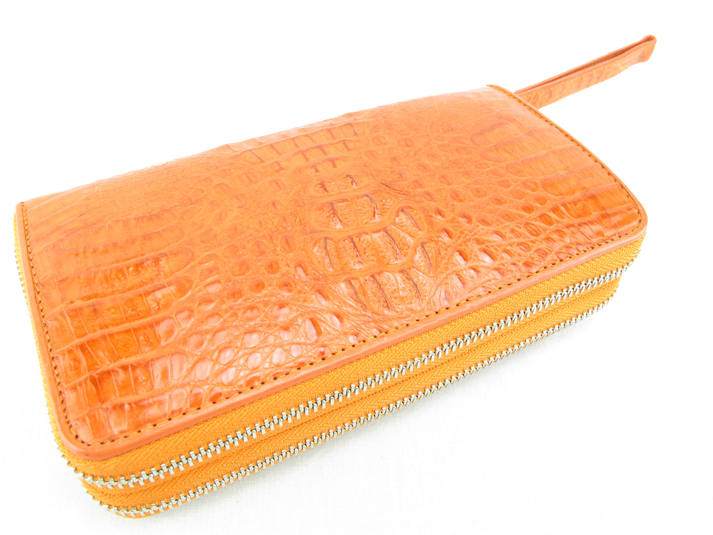 Genuine Caiman Crocodile Hornback Skin Leather Double Zip Around Wrislet Wallet Purse