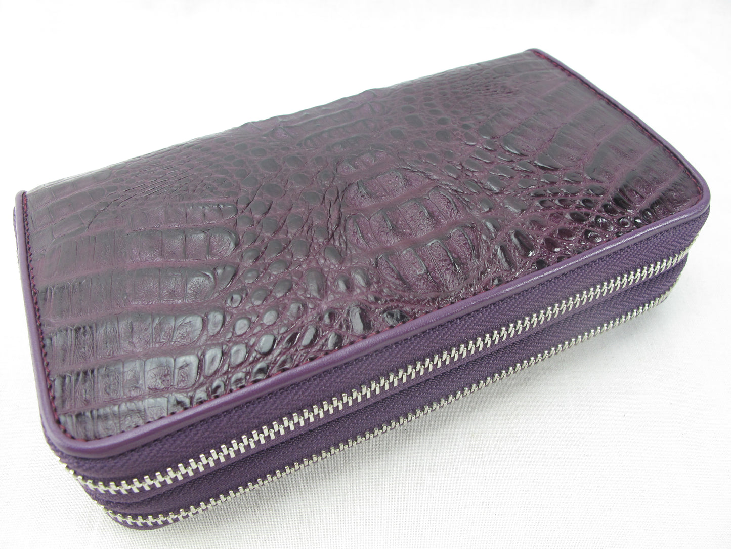 Genuine Caiman Crocodile Hornback Skin Leather Double Zip Around Wrislet Wallet Purse