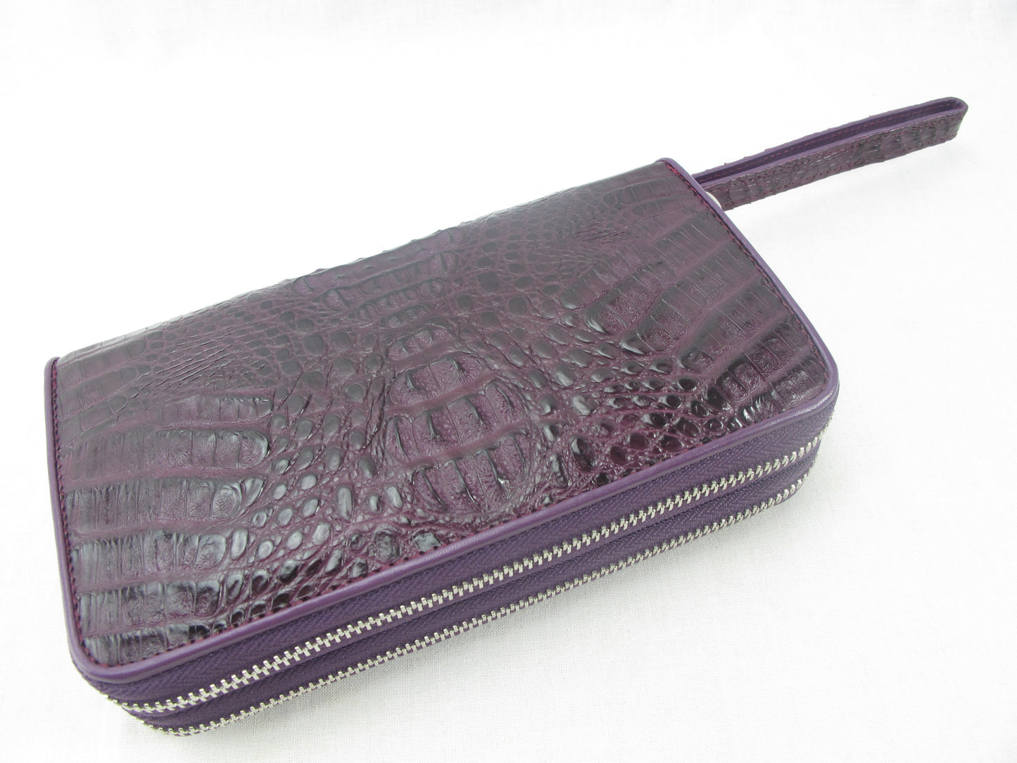 Genuine Caiman Crocodile Hornback Skin Leather Double Zip Around Wrislet Wallet Purse