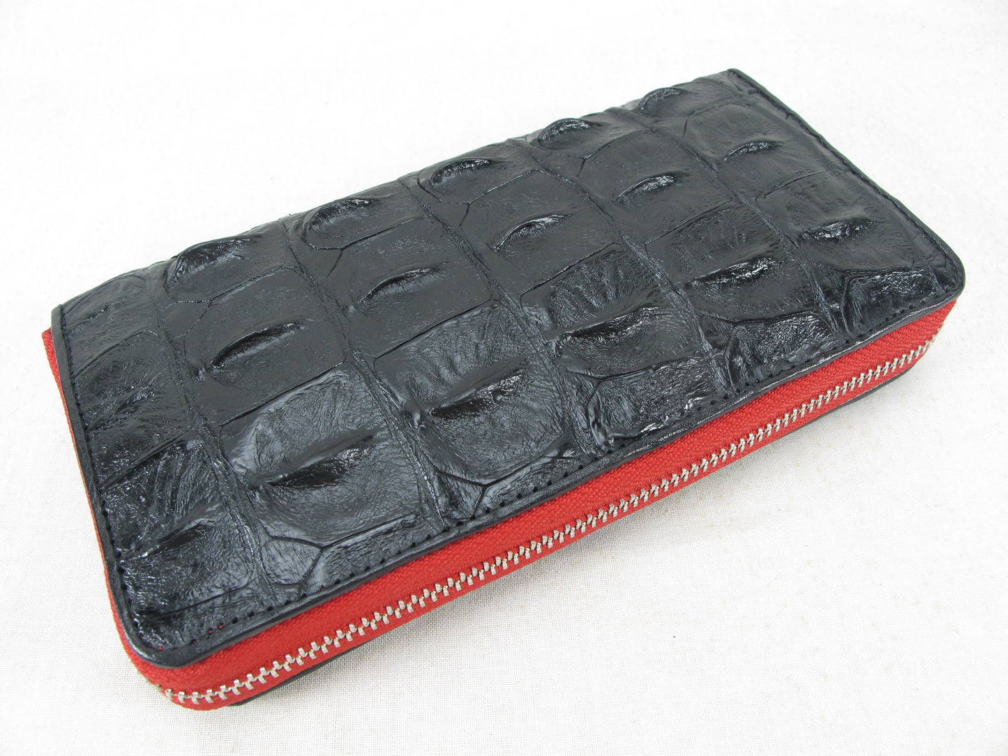 Genuine Crocodile Backbone Skin Leather Zip Around Clutch Wallet Purse with Red Zipper