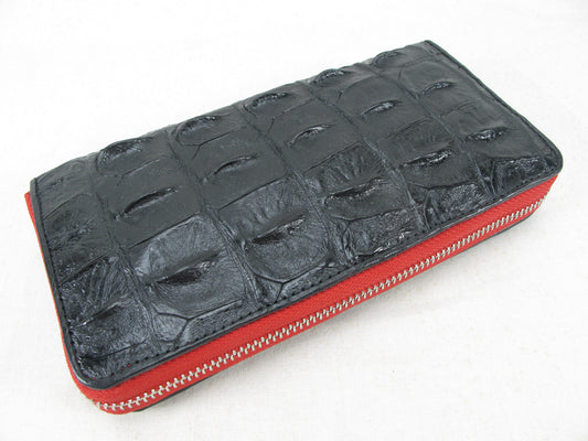 Genuine Crocodile Backbone Skin Leather Zip Around Clutch Wallet Purse with Red Zipper