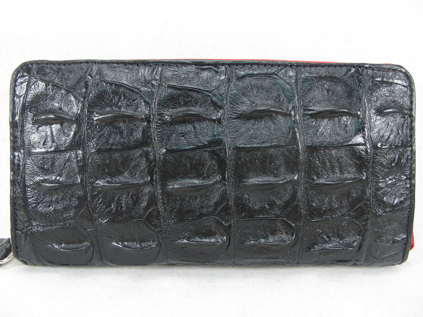 Genuine Crocodile Backbone Skin Leather Zip Around Clutch Wallet Purse with Red Zipper