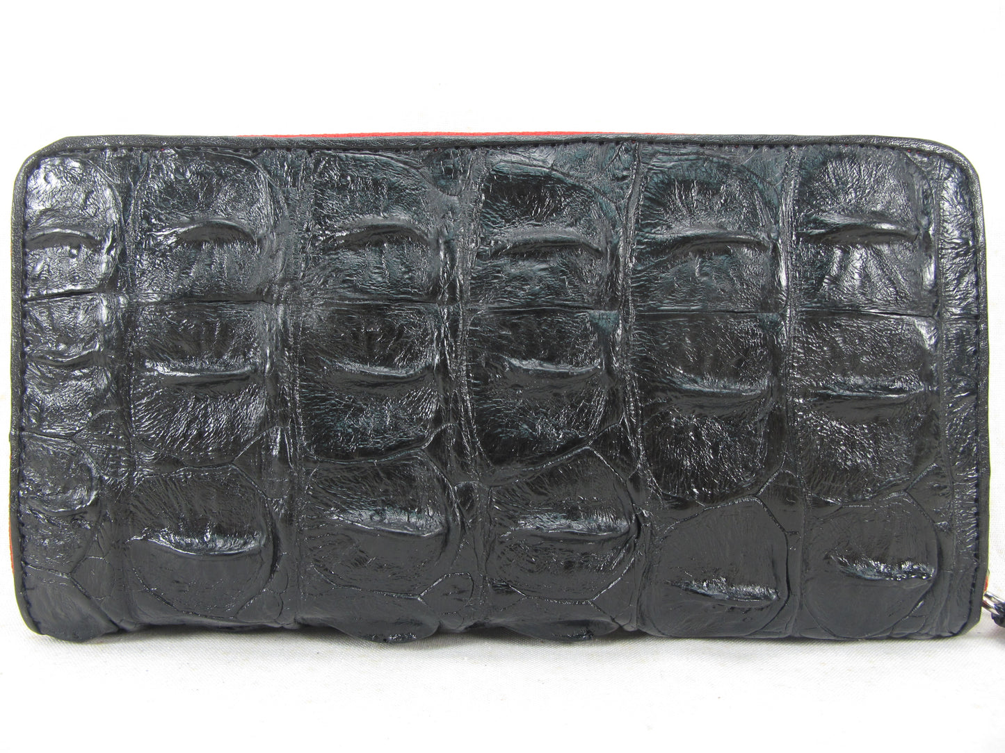 Genuine Crocodile Backbone Skin Leather Zip Around Clutch Wallet Purse with Red Zipper