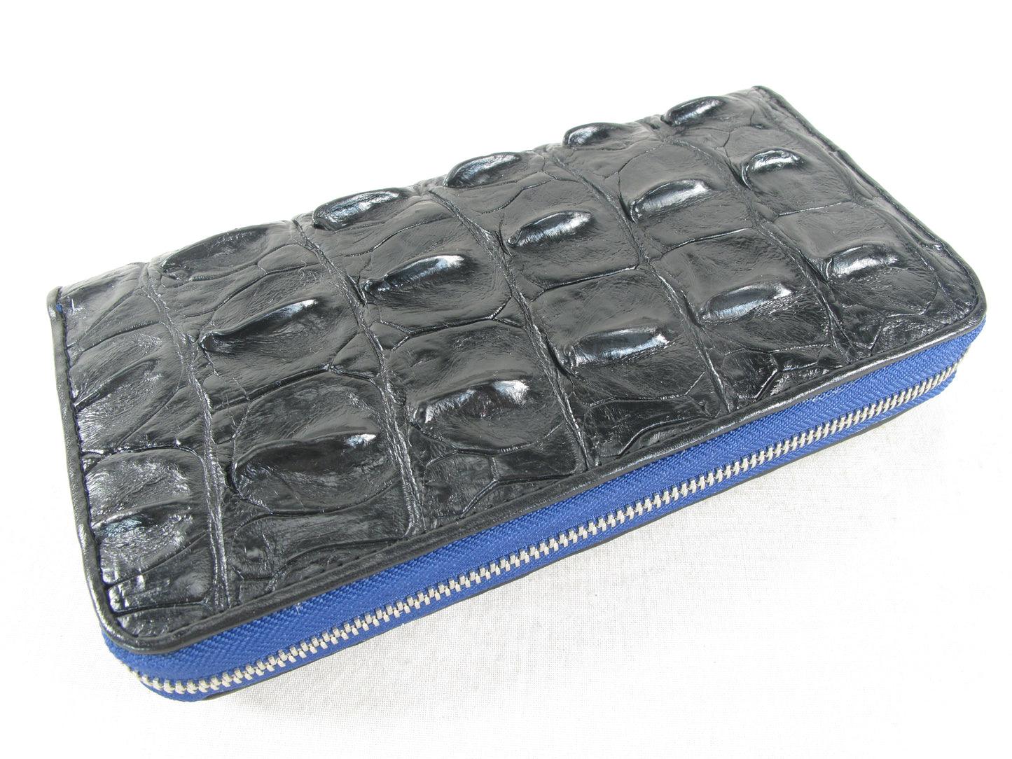 Genuine Crocodile Backbone Skin Leather Zip Around Clutch Wallet Purse with Blue Zipper