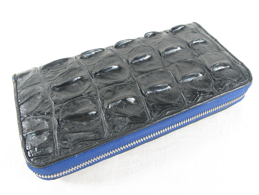 Genuine Crocodile Backbone Skin Leather Zip Around Clutch Wallet Purse with Blue Zipper