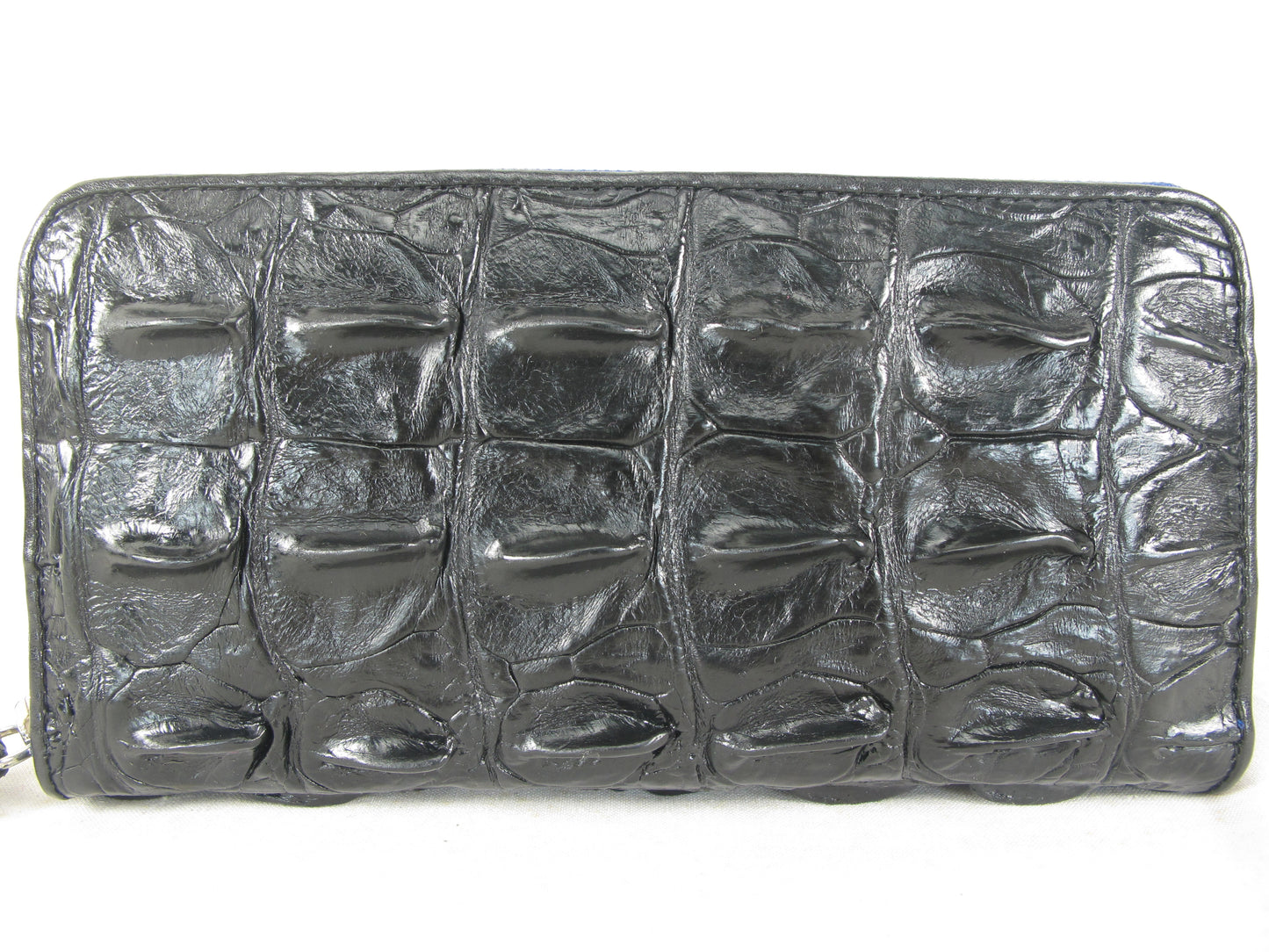 Genuine Crocodile Backbone Skin Leather Zip Around Clutch Wallet Purse with Blue Zipper