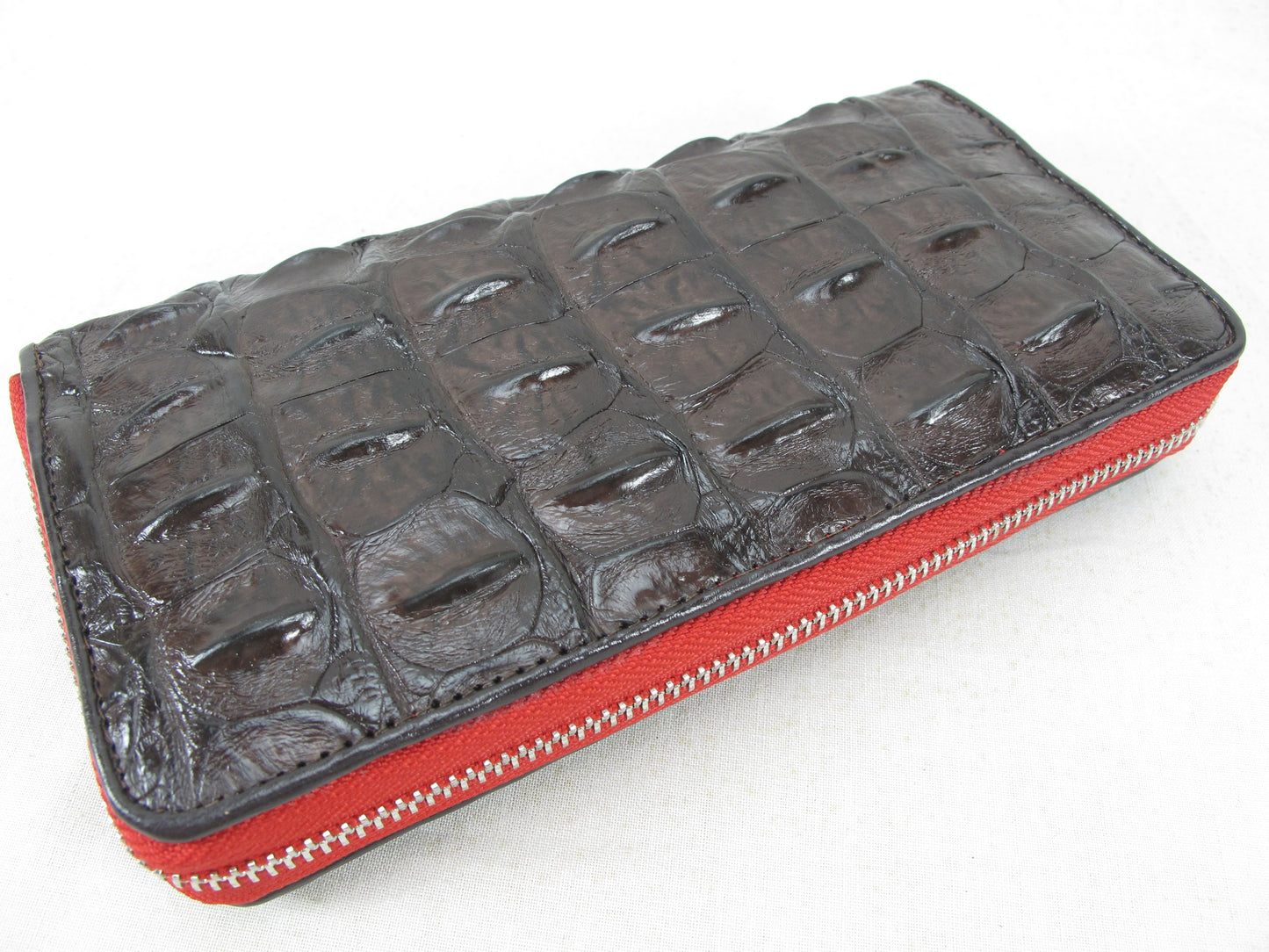 Genuine Crocodile Backbone Skin Leather Zip Around Clutch Wallet Purse with Red Zipper