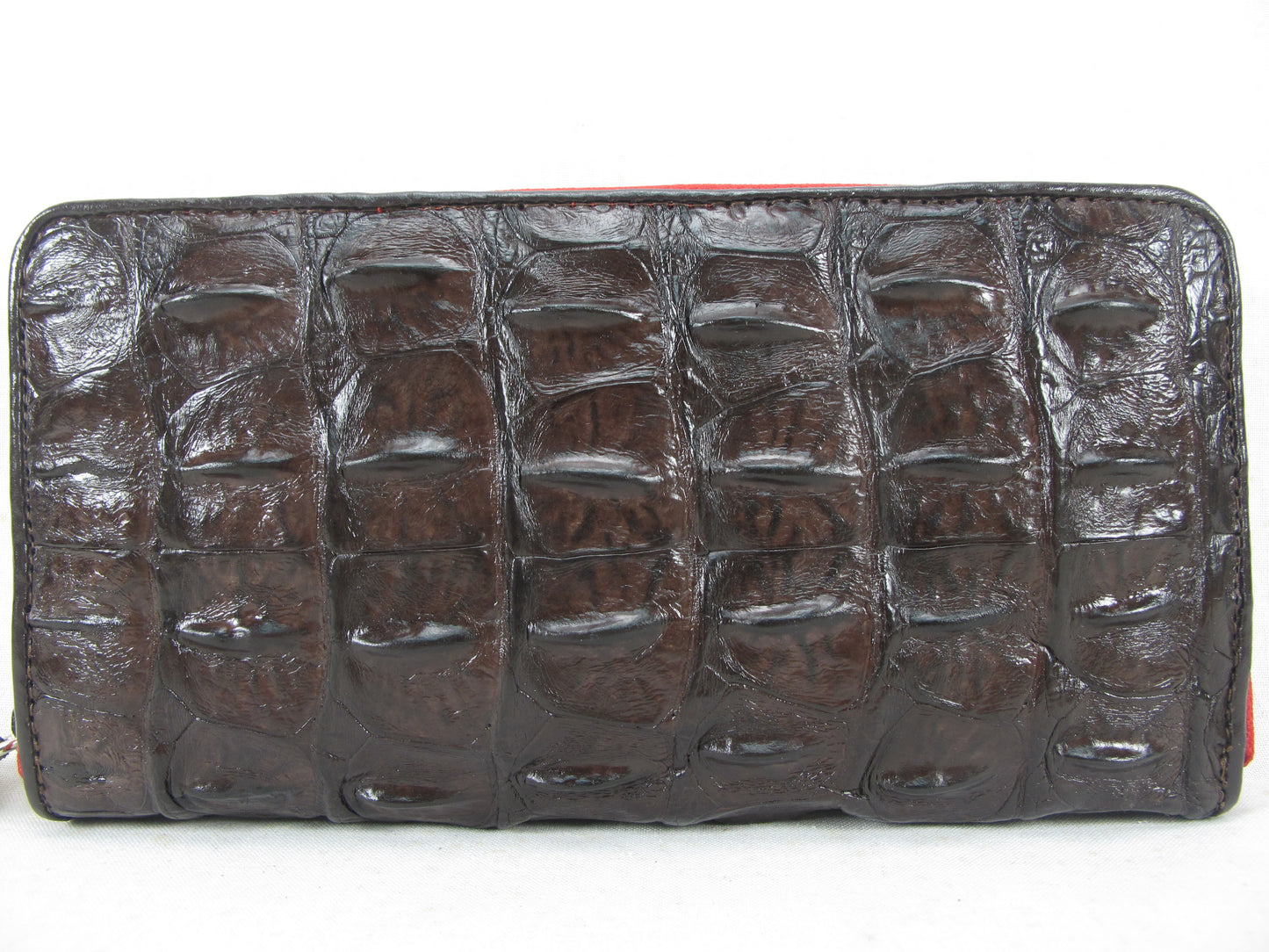 Genuine Crocodile Backbone Skin Leather Zip Around Clutch Wallet Purse with Red Zipper