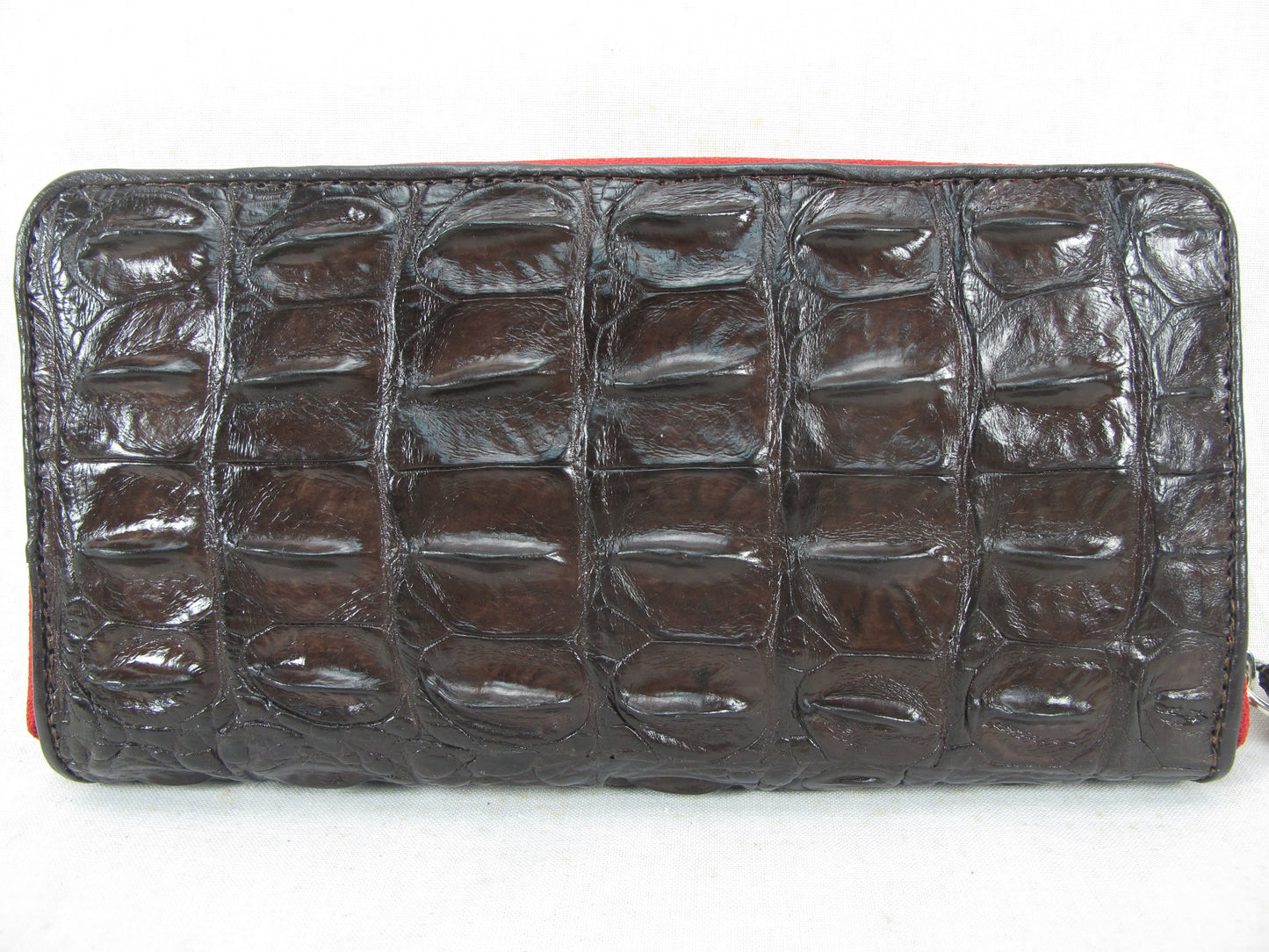 Genuine Crocodile Backbone Skin Leather Zip Around Clutch Wallet Purse with Red Zipper