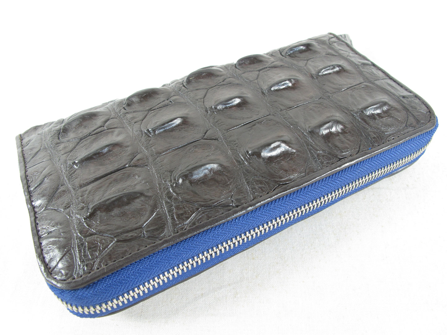 Genuine Crocodile Backbone Skin Leather Zip Around Clutch Wallet Purse with Blue Zipper