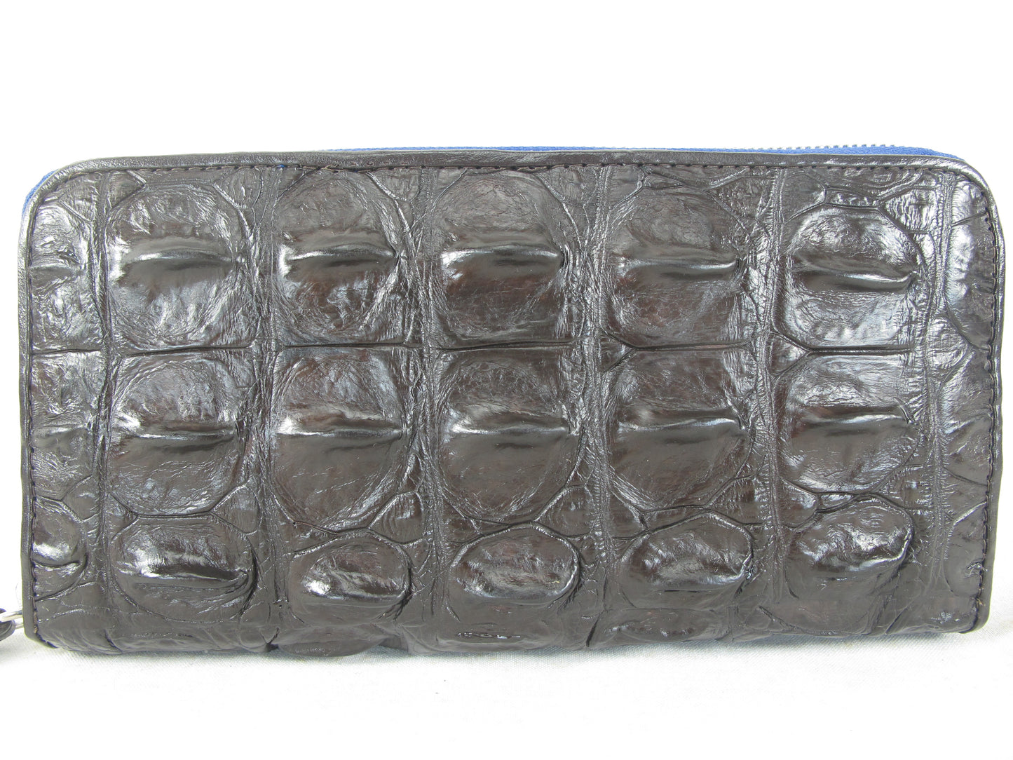 Genuine Crocodile Backbone Skin Leather Zip Around Clutch Wallet Purse with Blue Zipper