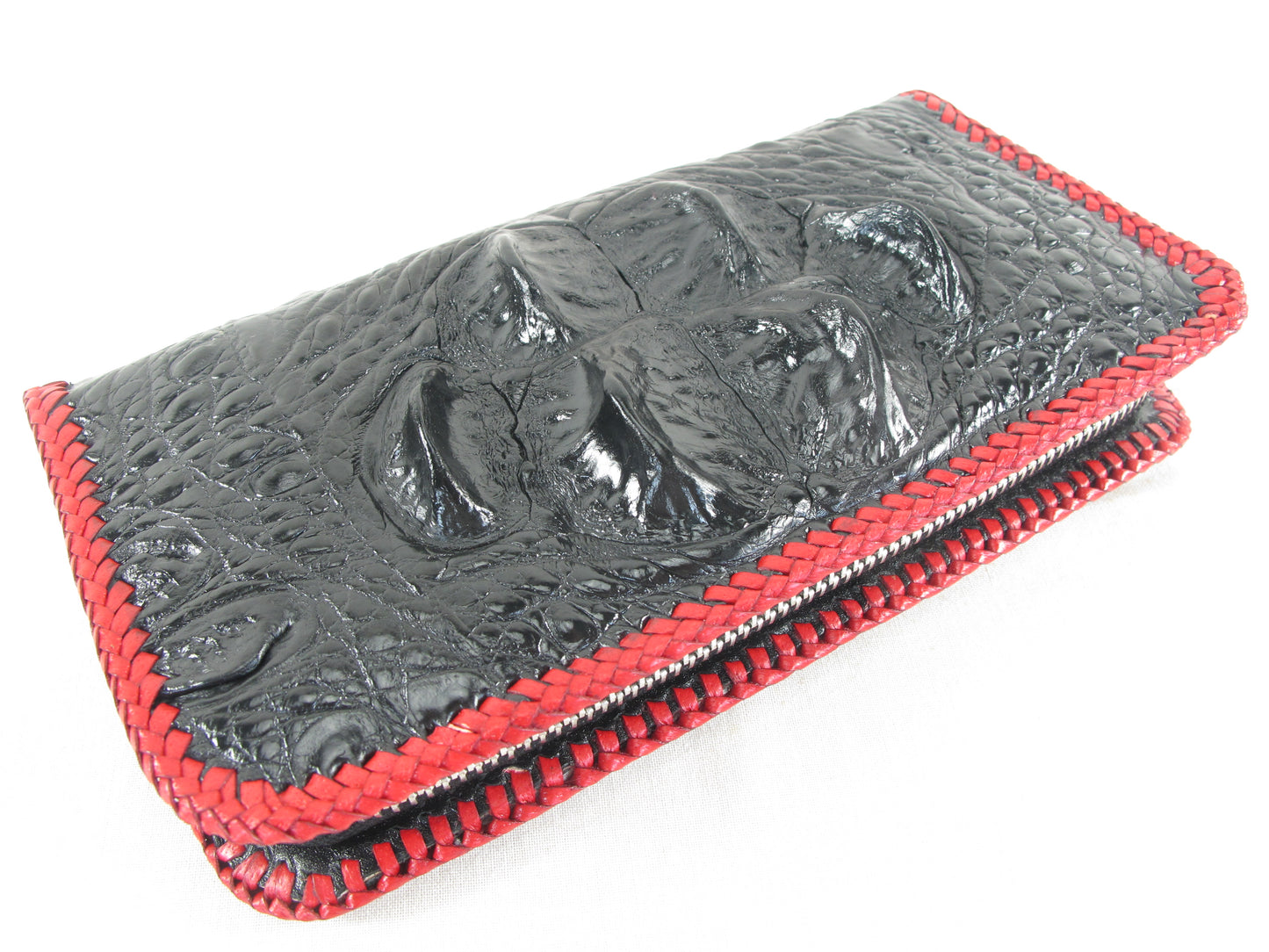 Genuine Crocodile Hornback Skin Leather Zip Around Handmade Clutch Wallet Purse with Red Trim