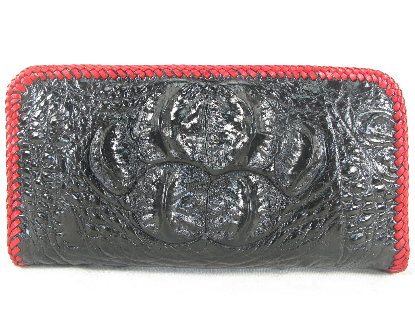 Genuine Crocodile Hornback Skin Leather Zip Around Handmade Clutch Wallet Purse with Red Trim