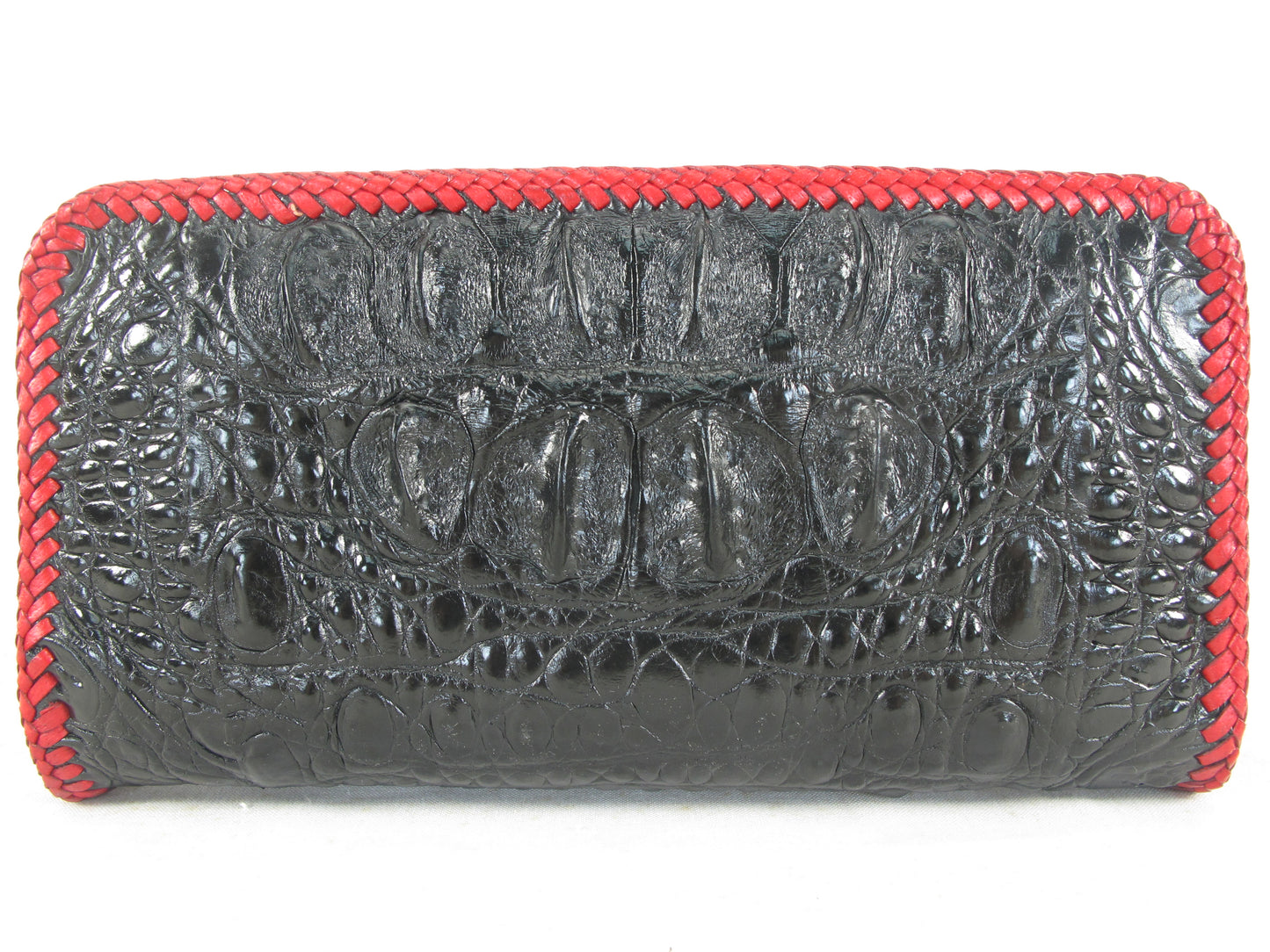 Genuine Crocodile Hornback Skin Leather Zip Around Handmade Clutch Wallet Purse with Red Trim