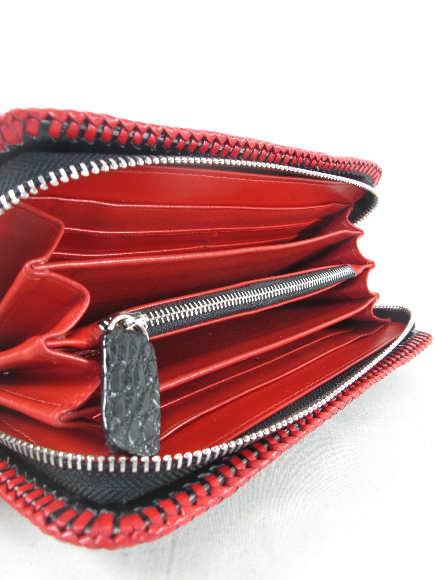 Genuine Crocodile Hornback Skin Leather Zip Around Handmade Clutch Wallet Purse with Red Trim