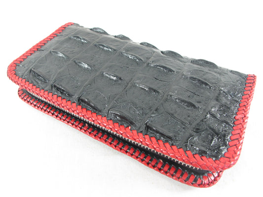 Genuine Crocodile Backbone Skin Leather Zip Around Handmade Clutch Wallet Purse with Red Trim