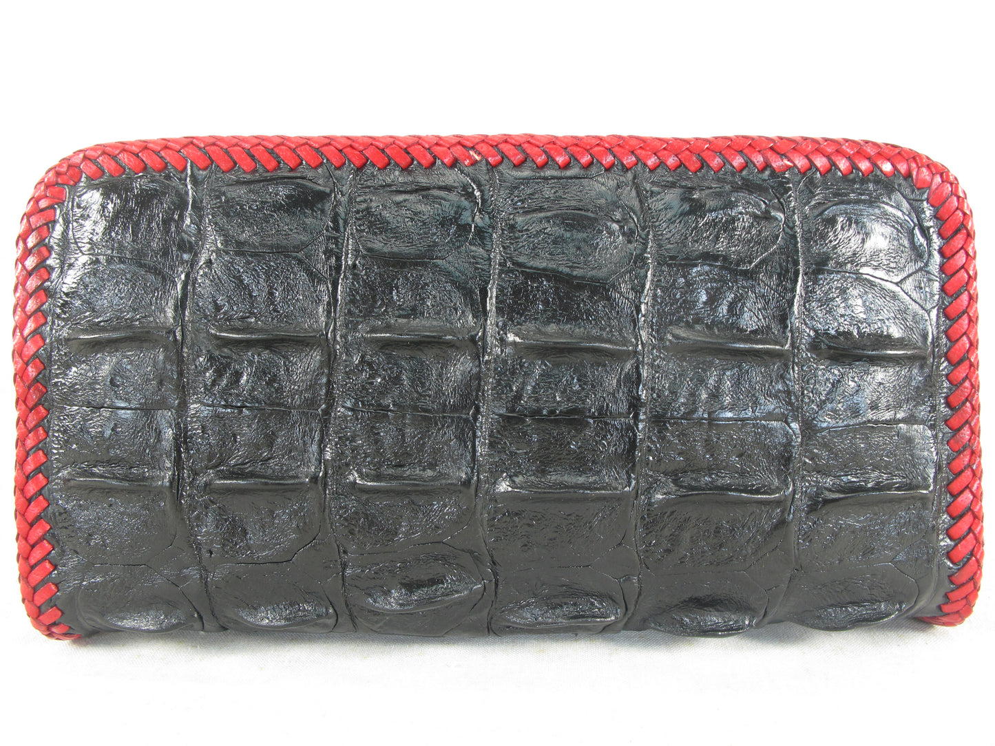 Genuine Crocodile Backbone Skin Leather Zip Around Handmade Clutch Wallet Purse with Red Trim