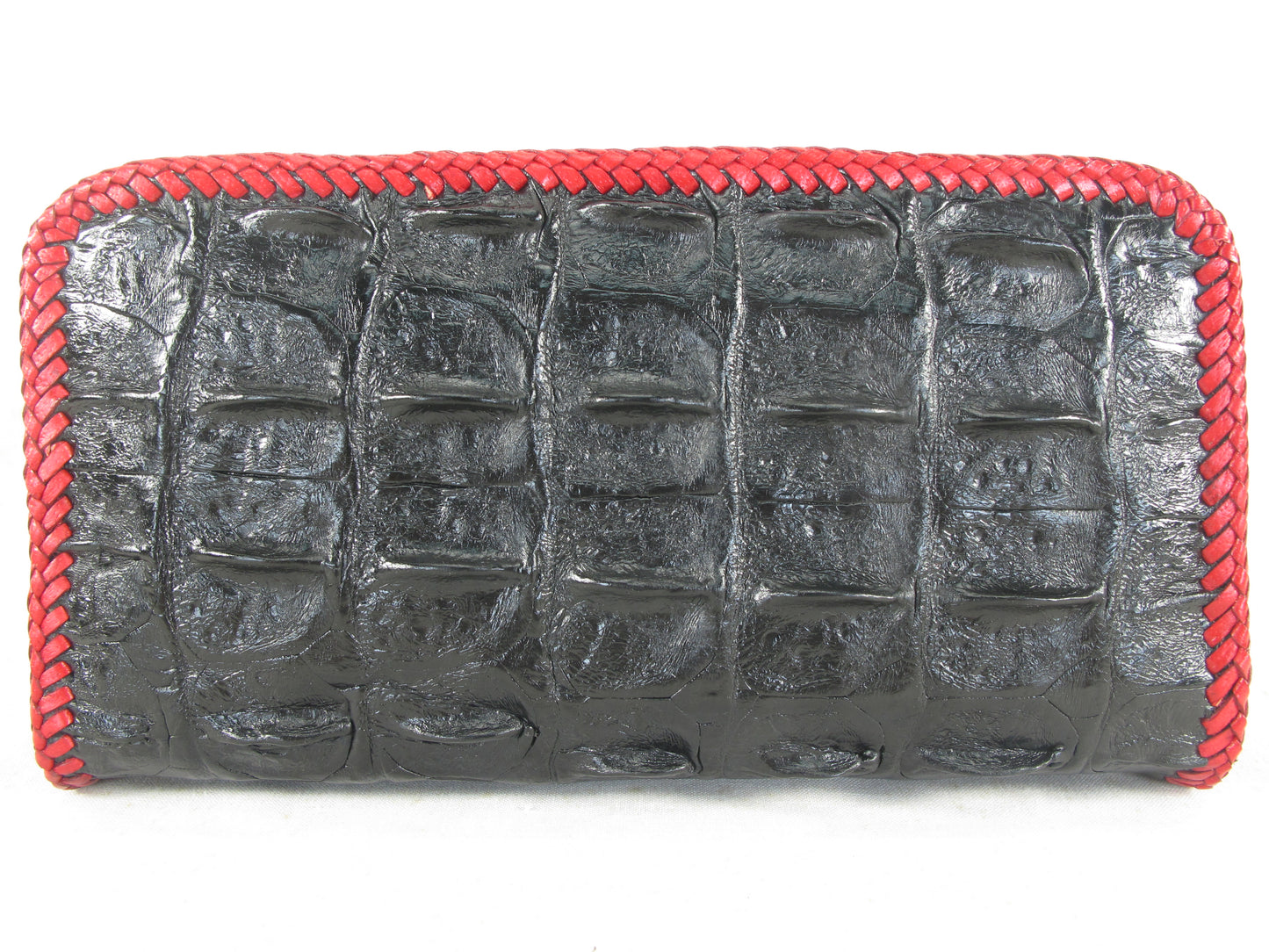 Genuine Crocodile Backbone Skin Leather Zip Around Handmade Clutch Wallet Purse with Red Trim