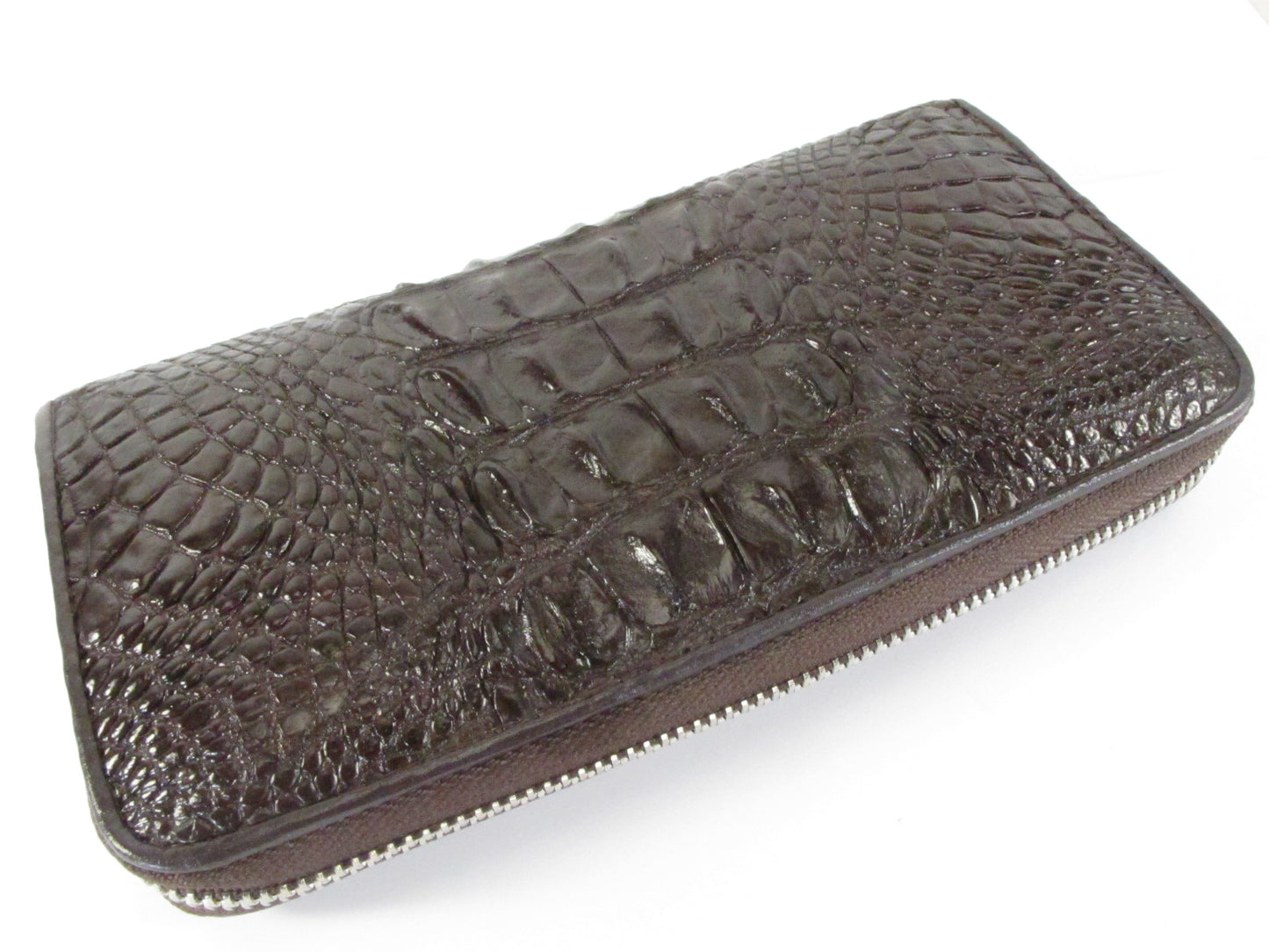 Genuine Crocodile Backbone Skin Leather Zip Around Clutch Wallet Purse